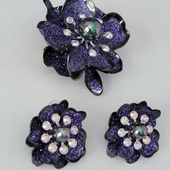 Stunning Purple Joan Rivers Floral Statement Brooch and Earring Set - Picture 5 of 9